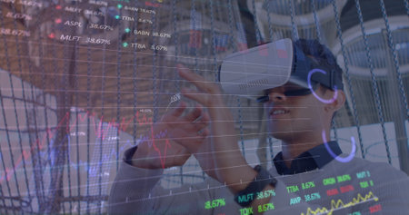 Image of financial data processing over businessman using vr headset. global business, connections,...