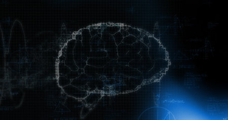 Image of digital brain with mathematical equations on black background. Global technology, computing...