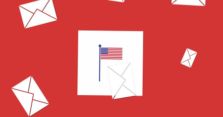 Image of envelopes falling and flag in red, white and blue of united states of america. American...