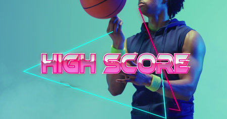 Image of high score text over neon pattern and biracial basketball player. Sports, competition,...