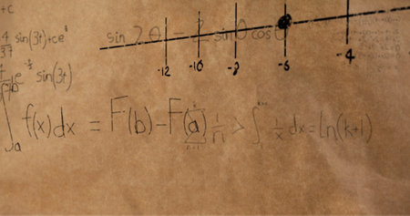 Digital image of mathematical equations and figures moving in the screen against a textured brown...