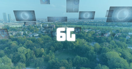 Image of 6g text, data processing and scopes scanning on screens over cityscape. global networking,...