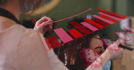 Image of coronavirus cells over caucasian female hairdresser and woman wearing face masks....