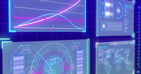 Image of data processing on blue background. Global science, computing and digital interface concept digitally generated image.の写真素材