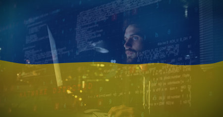 Image caucasian male hacker and data processing over flag of ukraine. ukraine crisis, cyber warfare...