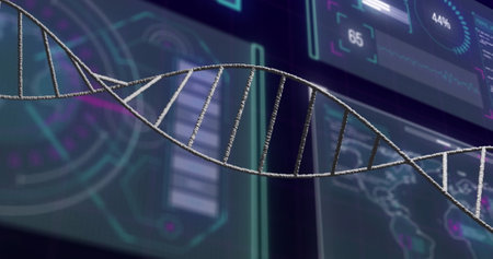 Image of dna strand over data processing on black background. Global science, computing and digital...
