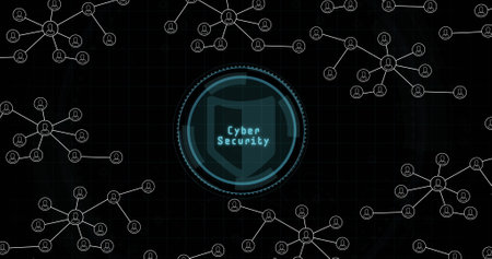Cyber security text over round scanner and network of digital icons against black background. Global networking and cyber security technology conceptの写真素材
