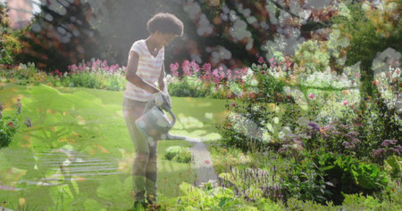 Composite image of tall trees against african american woman watering plants in the garden. community garden week awareness conceptの写真素材