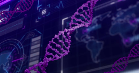 Image of dna strand over data processing on black background. Global science, computing and digital...