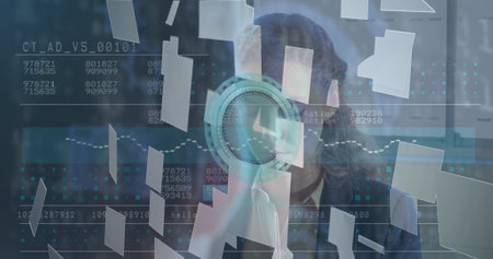 Image of financial data, clock and digital cloud over caucasian businesswoman. global business, finance, technology and data processing concept digitally generated image.の写真素材