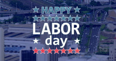 Image of happy labor day text over cityscape. labor day and celebration concept digitally generated image.の写真素材
