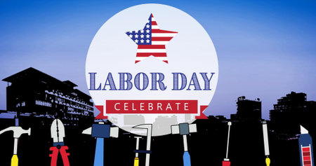 Image of labor day celebrate text over cityscape. labor day and celebration concept digitally generated image.の写真素材