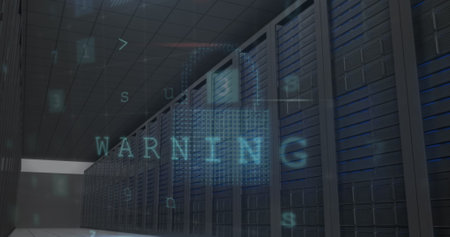 Image of data processing over server room. Global connections, data processing and digital interface...