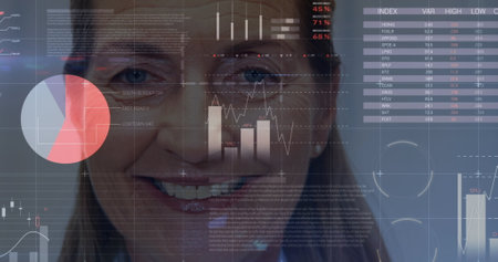 Image of data processing over caucasian female doctor. Global medicine, computing and digital...