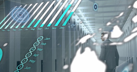 Image of financial data processing over businessman. Global business success connections and digital...