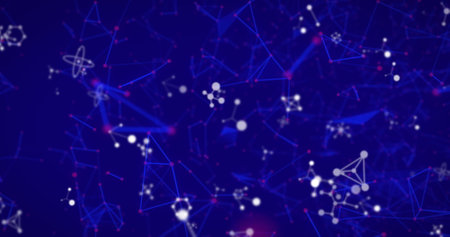 Digital image of Molecular structures and Network of connections moving against blue background....