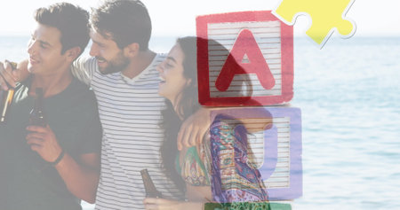 Image of colourful puzzle pieces and autism text over happy friends at summer beach party. autism,...