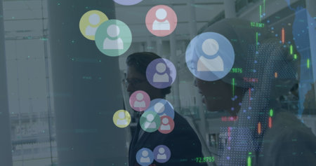Image of financial data and icons over diverse female and male businesspeople. global business,...
