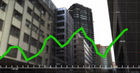 Image of financial data processing over cityscape. Global business, finances, computing and data processing concept digitally generated image.の写真素材
