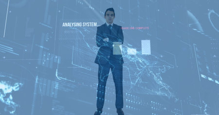 Image of diverse data and analysis complete over caucasian businessman. global business, finance, technology and data processing concept digitally generated image.の写真素材