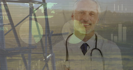Image of data processing with pylons and landscape over caucasian male doctor. Global medicine,...
