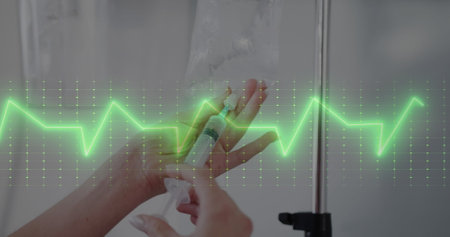 Image of cardiograph over caucasian nurse preparing drip. Medicine, health and digital interface...
