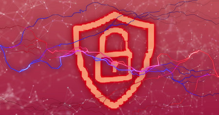 Image of online security padlock with network of connections on red background. global connections,...