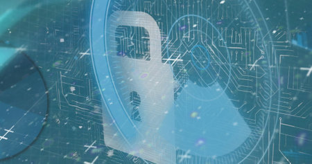 Image of scope scanning and data processing. global connections, digital interface and security concept digitally generated image.の写真素材