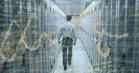 Image of financial data processing against caucasian male engineer walking in server room. Computer...