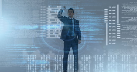 Image of diverse computer data over caucasian businessman knocking. global business, finance, technology and data processing concept digitally generated image.の写真素材