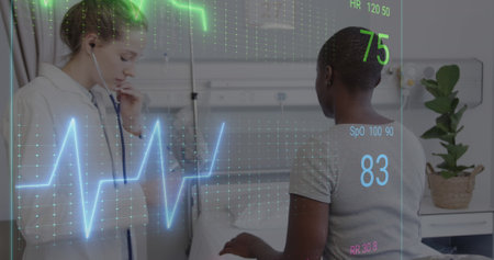 Image of colourful cardiographs over diverse female nurse and patient in hospital. Medicine, health and digital interface concept, digitally generated image.の写真素材