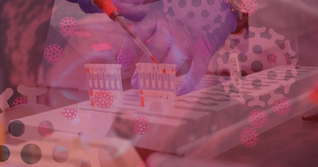 Image of macro coronavirus cells floating on a view of a laboratory worker working with blood...