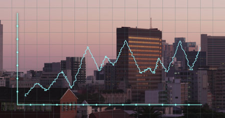 Image of financial data processing over cityscape. Global business, finances, computing and data...
