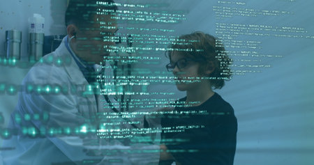 Image of data floating on view of a male doctor examining young patient. Covid 19 pandemic health care science concept digitally generated image.の写真素材