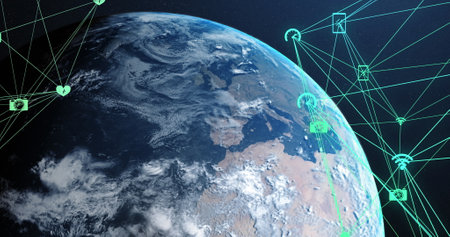 Image of network of connections data processing over globe. Global business, finances, computing and...
