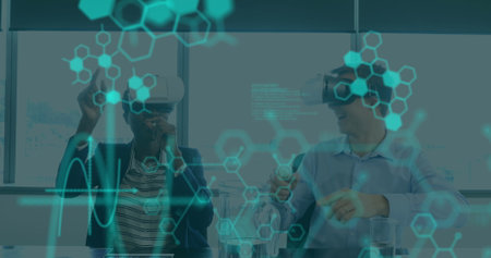 Image of medical data processing on interface, over man and woman wearing vr headsets. global...