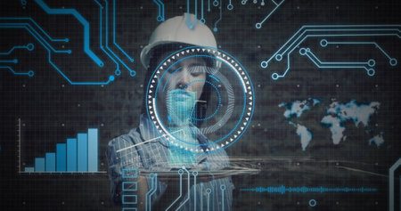 Image of scope scanning and data processing over female architect holding tablet. global connections...