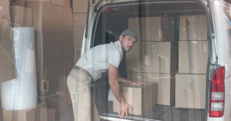 Image of statistics and financial data processing over delivery man and van. global shipping,...