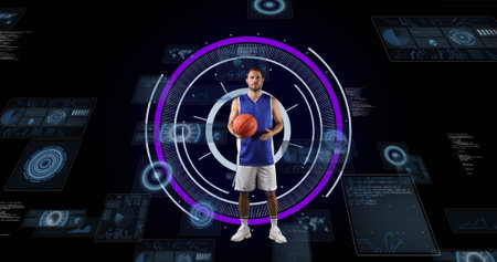 Image of caucasian male basketball player over scope scanning on black background. sport, connections and digital interface concept digitally generated image.の写真素材