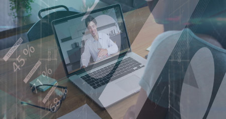 Image of data processing over african american businesswoman having image call. Global business and...