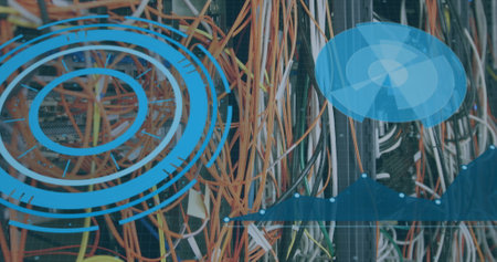 Image of scope scanning and data processing over cables in computer server. global computing and...