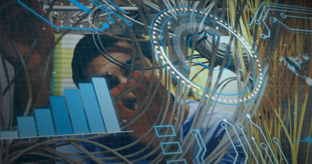 Image of text with globe and network of connections. Global digital interface technology and...