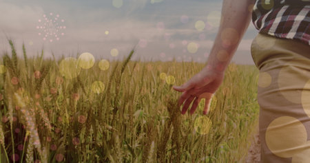 Image of light spots over caucasian man walking on meadow. walk day and celebration concept...