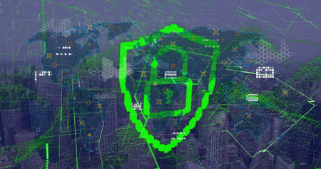 Image of padlock icon and world map with data processing over cityscape. Global business, computing and digital interface concept digitally generated image.の写真素材