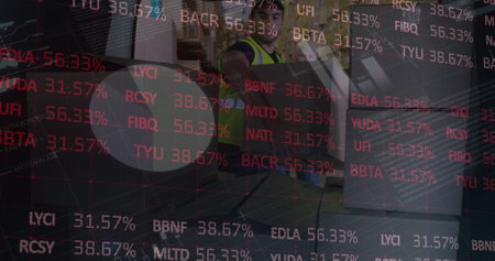Image of statistics and financial data processing over delivery man and van. global shipping,...