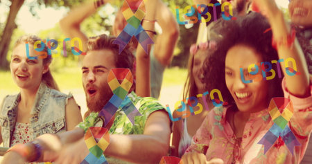 Image of rainbow ribbons and lgbtq over diverse protesters with banners. lgbt rights and equality concept digitally generated image.の写真素材