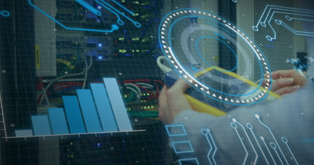 Image of text with globe and network of connections. Global digital interface technology and...