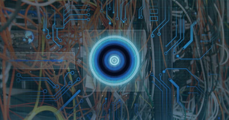 Image of scope scanning, circuit board and data processing over cables in computer server. global...