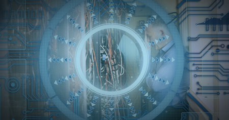 Image of scope scanning and data processing over caucasian male it technician by computer server....