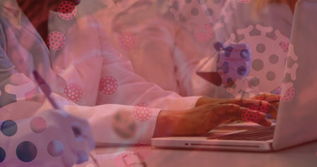 Image of coronavirus cells and data flowing over a female laboratory worker group working with her...